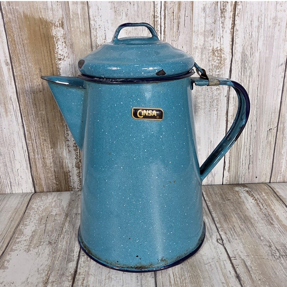 Vintage Cinsa Blue Speckled Enamelware Coffee Pot Percolator Turquoise Mexico